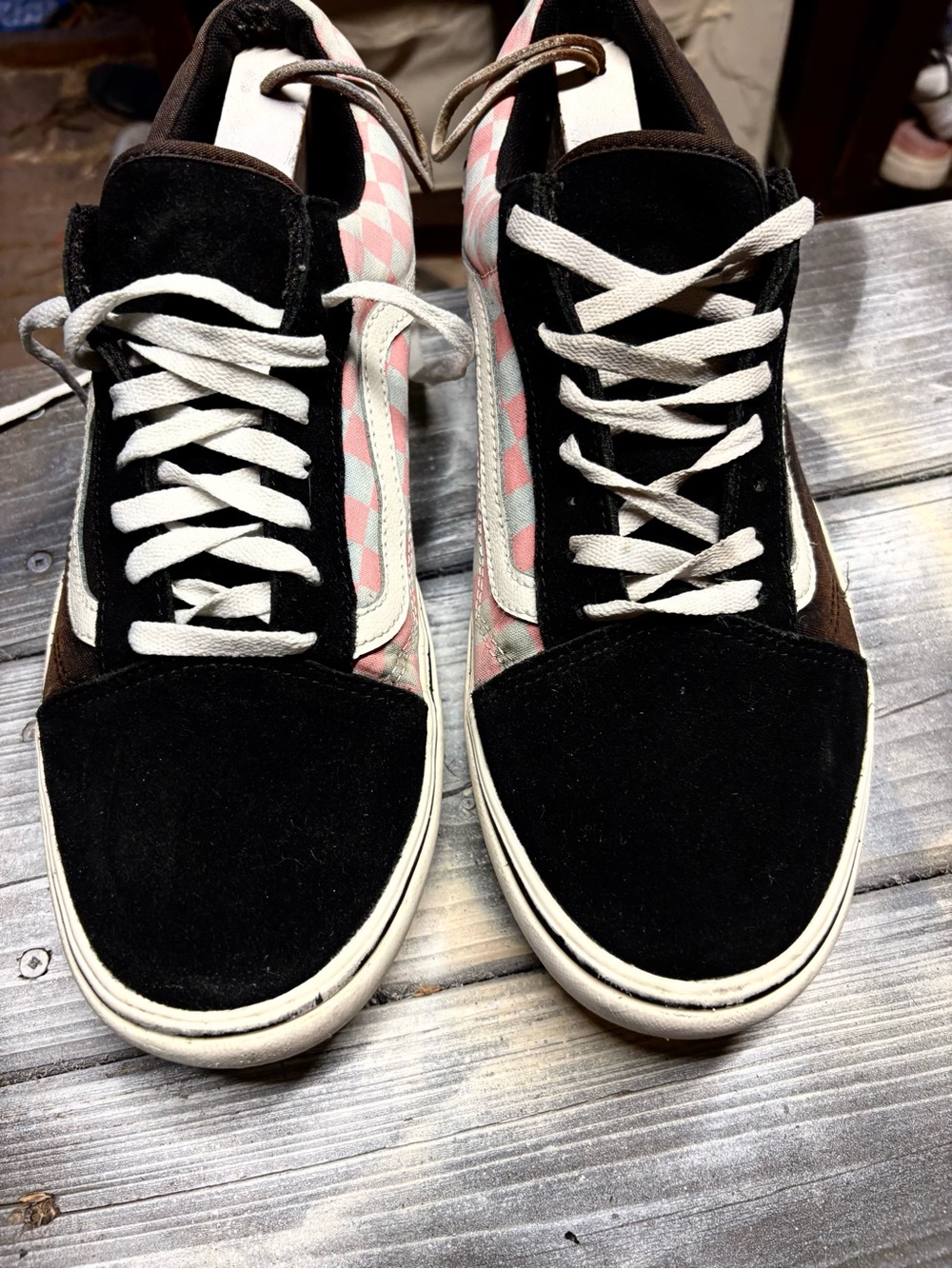 Vans Old Skool black suede sneakers with pink and white checkered side size 12 m